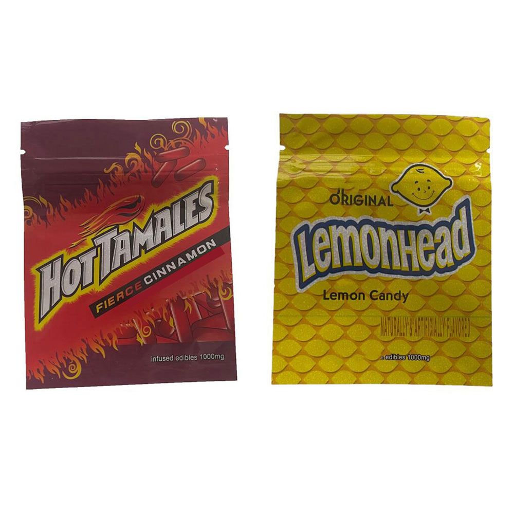 

INFUSED EDIBLES 1000MG CANDY mylar packaging bags lemon original lemonhead hot tamales fierce cinnamon chewy warheads airheads one up smell proof pouch HOTTAMALES