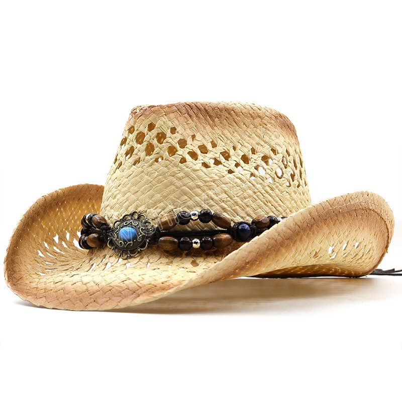 

Fashion Hollowed Handmade Cowboy Straw Hat Women's Men's Summer Outdoor Travel Beach Hats Unisex Solid Western Sunshade Jazz Cap