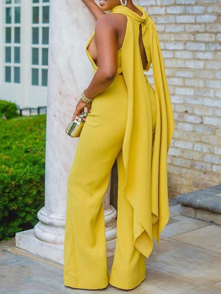 

Women Jumpsuits Sleeveless Summer One-piece Yellow Cut Out Long Backless Slim Fit Wide Leg Overalls Elegant Party Outfits 3xl
