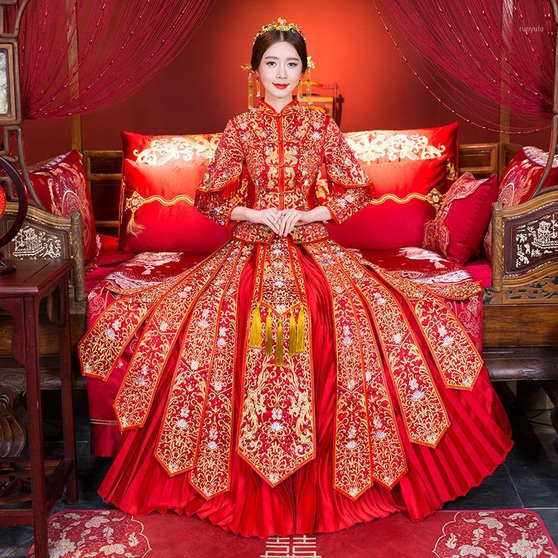 

Plus Size Female Wedding Dress Chinese Style Cheongsam Exquisite Embroidery Marriage Set Overseas Bride Costume 3XL 4XL Ethnic Clothing