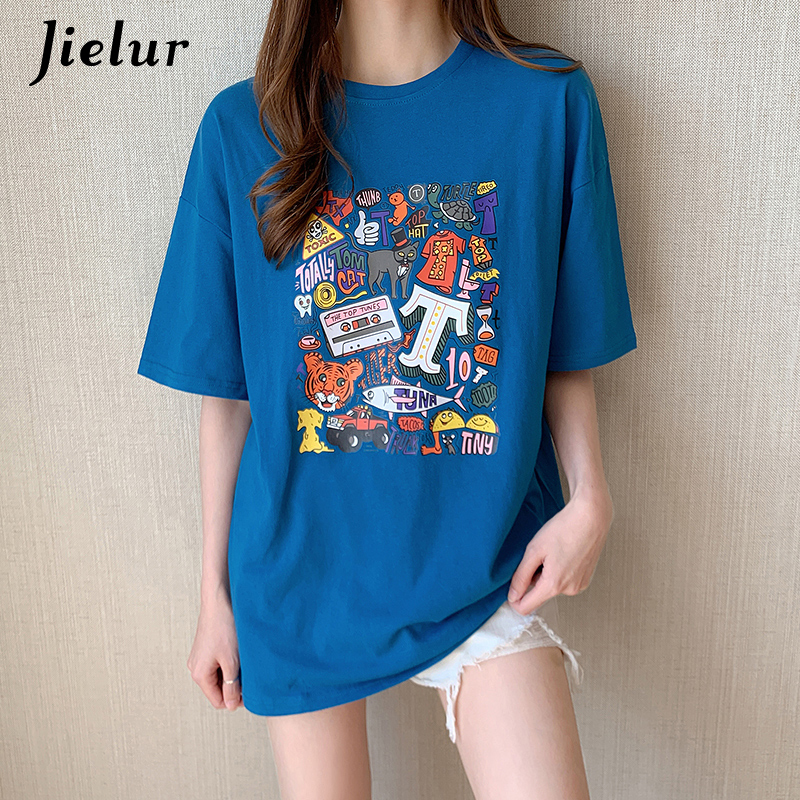 

Jielur Korean Tshirts Summer Short Sleeve Cartoon Print Top Tee Shirt Female Loose Leisure Fashion BF Blue Pink Women Tshirt 220615
