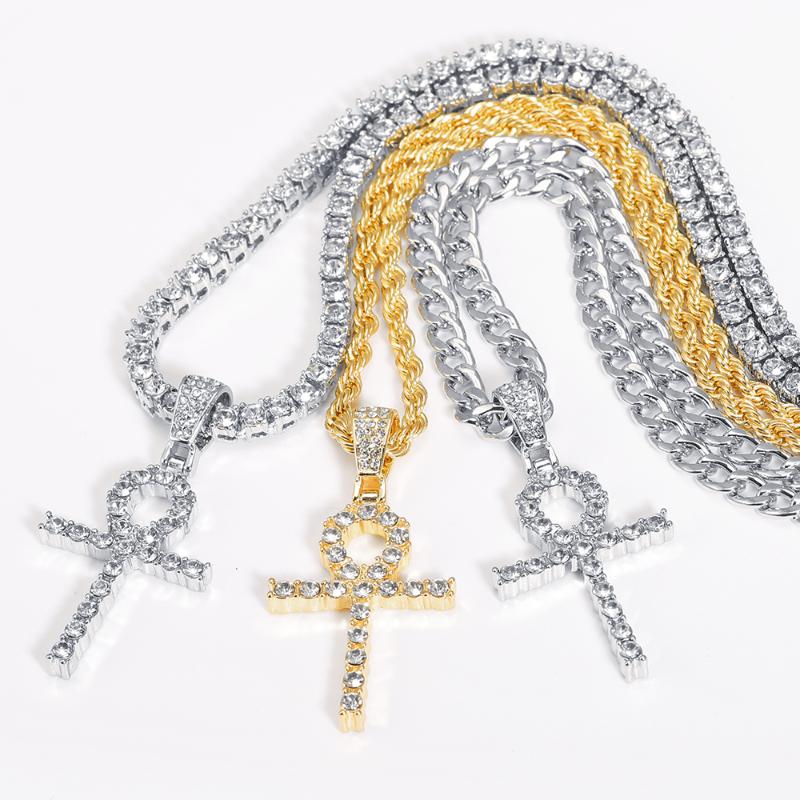 

Pendant Necklaces Silver Color Women Hip Hop Iced Out GoldColor Rhinestone Key Life Egypt Cross Tennis Chain Crystal Necklace Gifts