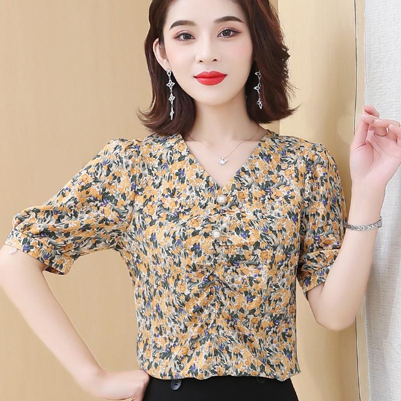 

Women's Blouses & Shirts 2022 Fashion Women Print Floral Summer Vintage Womens Tops And Korean Style Clothing Crop WPY2743, Yellow