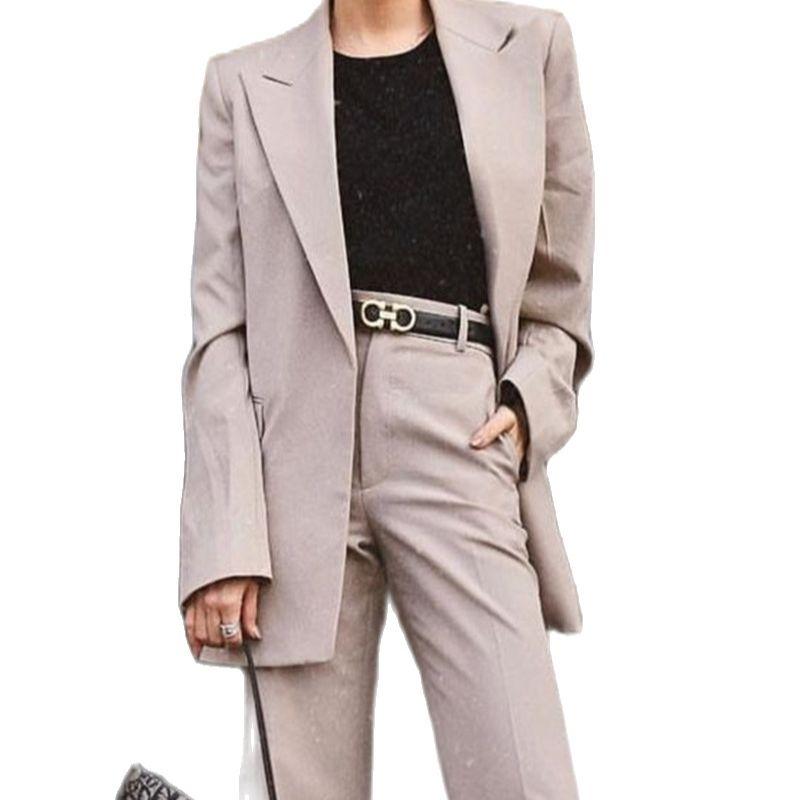 

Women' Two Piece Pants Grey Women Bussiness Suit Coat One Button Notched Lapel Slim Casual Lady Blazer Trouser Set Office Female ClothingWo