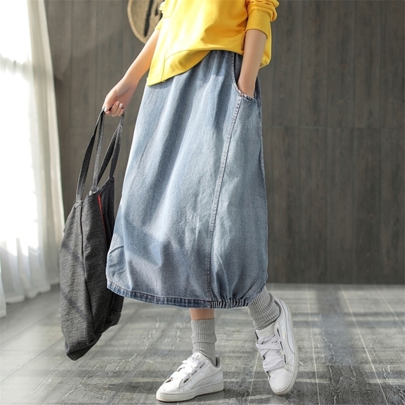 

Spring Autumn Skirt Fashion Women Large size Denim skirt Ladies Elastic Waist pocket Bleached Mori girl Casual Loose skirt Y200326, Blue