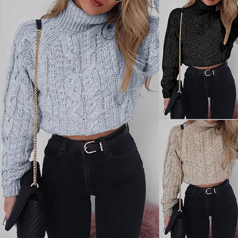 

Women' Sweaters Casual Warm High Neck Sweater Twist Knit Ladies Autumn And Winter Short Long Sleeve Sexy Belly Button Pullover TopWomen, Red