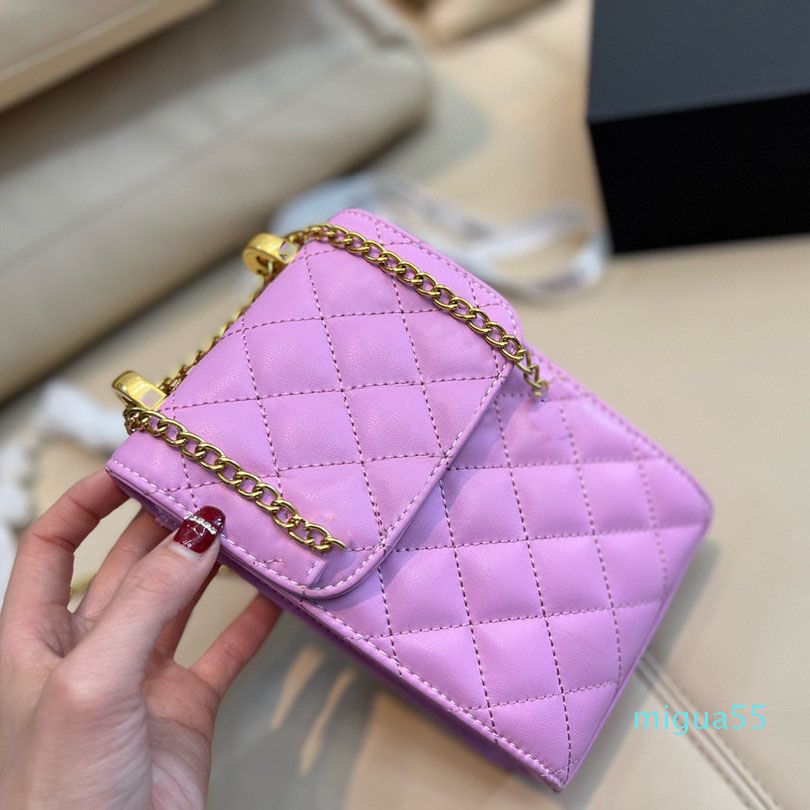 

Mini Flap Phone Bag Premium Lambskin Classic Quilted Diamond Gold Five Metal Chain With Pendant Crossbody Bag Ladies Designer Luxury, Pink