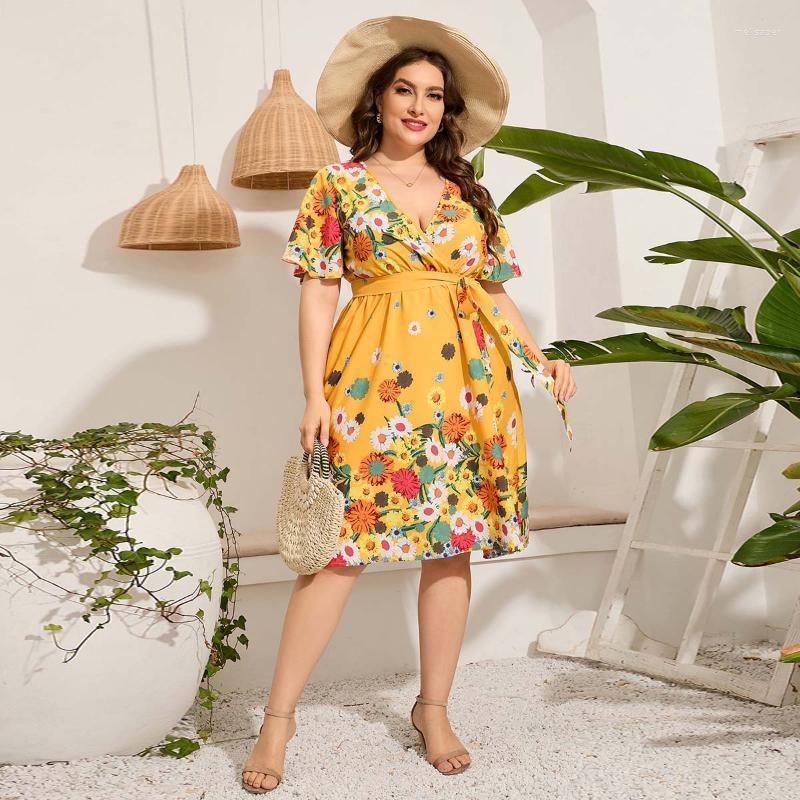 

Plus Size Dresses Dress Ladies V-Neck Short Sleeve Lace-Up Print Casual Vacation Mid-Length -5XL Western Style Summer 2022Plus Meli22, Yellow