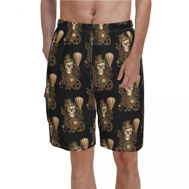 

Men's Shorts Steampunk Brass Skull Board Pocket Watch Beach Elastic Waist Pattern Printing Swimming Trunks Big SizeMen's