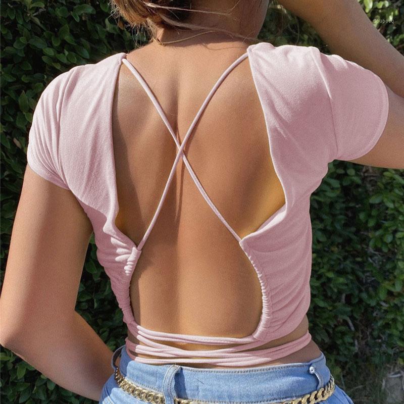 T-shirt Femme Été Femmes Harajuku Dos Ouvert Sexy Crop Tops À Manches Courtes Rose Tshirt Vêtements Dos Nu Bandage Slim Streetwear Tee Top