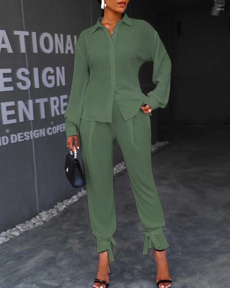 

Two Piece Set Women 2022 Autumn Fashion Elegant Solid Turn-down Collar Tied Detail Buttoned Long Sleeve Ruched Top & Pants Women' Tracksuit, Army green