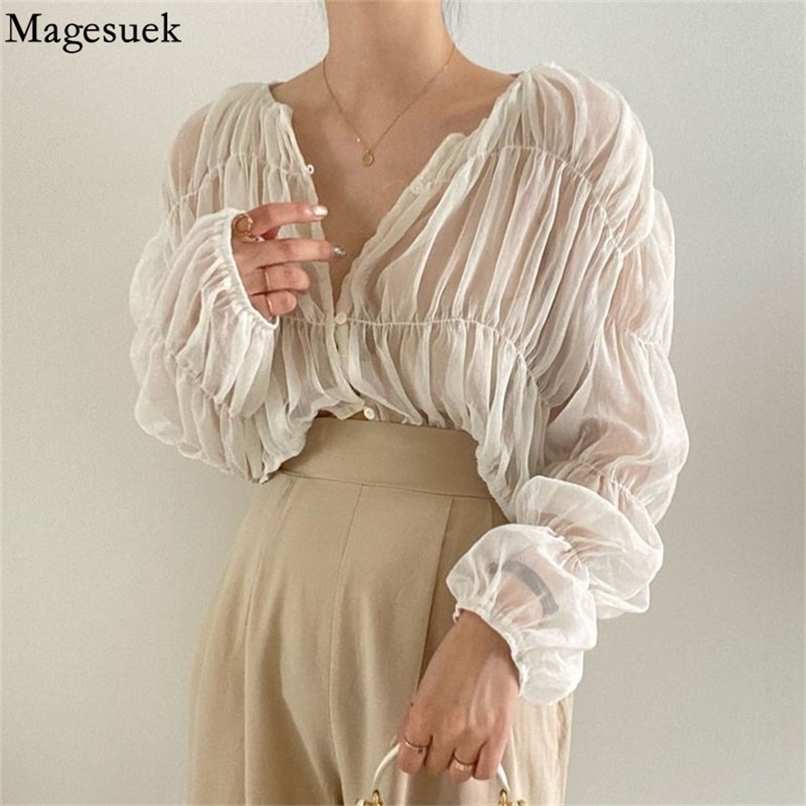 

Korean Fashion Pleated Casual Blouse Women Summer Loose Folds Perspective Chiffon Shirt Long Sleeve Tops Blusas Mujer 15624 220419, Gray