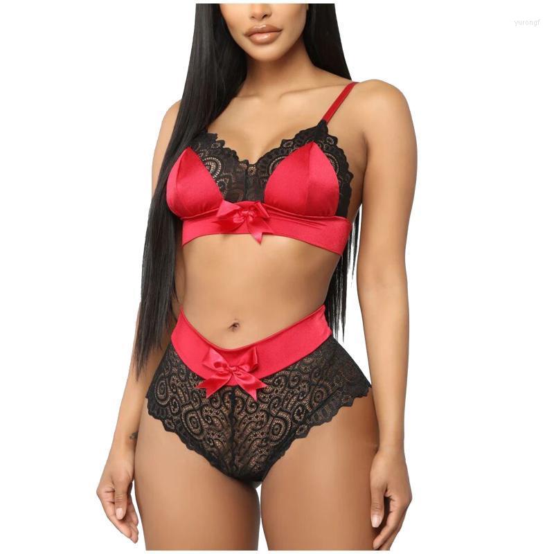 

Bras Sets Perspective Lace Lingerie Set Women Sexy Nightwear Bowknot Patchwork Bra See-through Panties Sleepwear Outfits Lenceria, Red