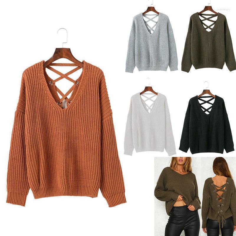 

Women's Sweaters Women Sexy Backless Knitting Sweater Lace Up Autumn Winter Casual Hollow Out Tops MUG88 Jemi22, Green