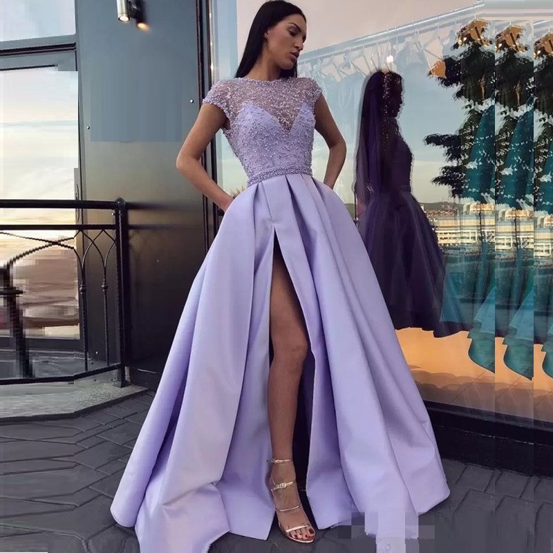 Lavender Long Prom Dresses 2022 Pearls Sheer Bateau Neck Cap Sleeves Evening Gowns Vestidos De Fiesta Floor Length Formal Dress Party Wear-image-760492330