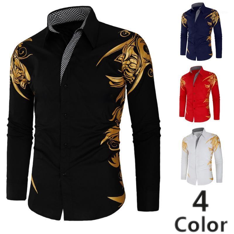 

Golden Totem Print Men's Fashion Long Sleeve Shirt Black White Slim Fit Dress Shirts Mens Work Casual Clothing, As photo