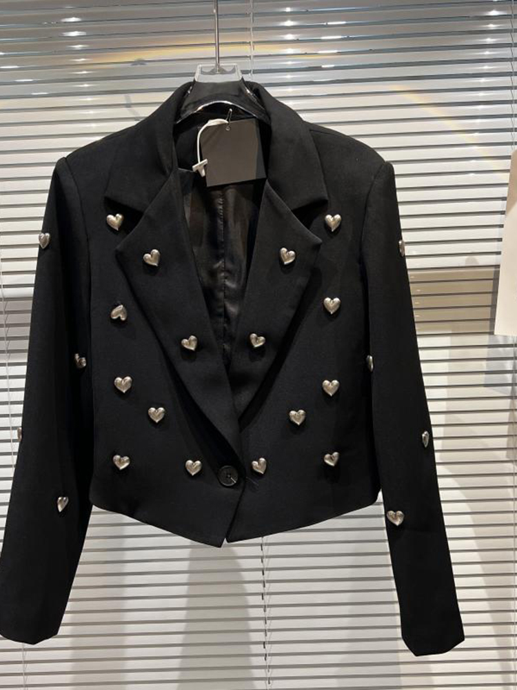 

W037 HIGH STREET Newest 2022 office friends party business meeting banquet Designer Jacket Women' Metal Love Heart Beaded Short Blazer, Black