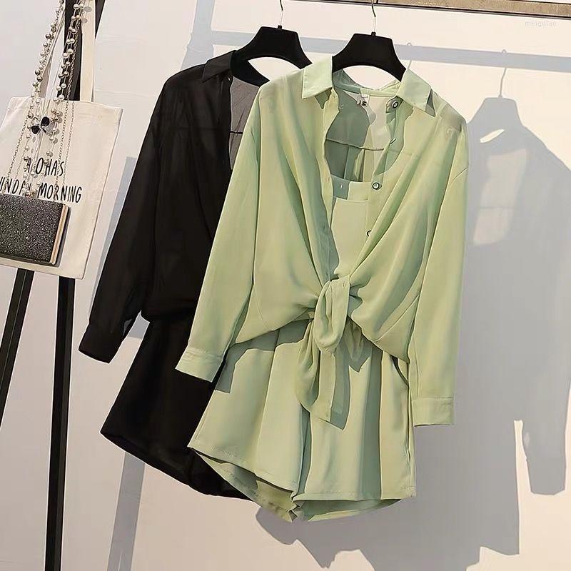 

Summer Women' Suit 3 Piece Set Chiffon Blouses Tank Tops Loose Shorts Outfit 2022 Wide Leg Long Sleeve Woman Suits Plus Size Two Dress, Green