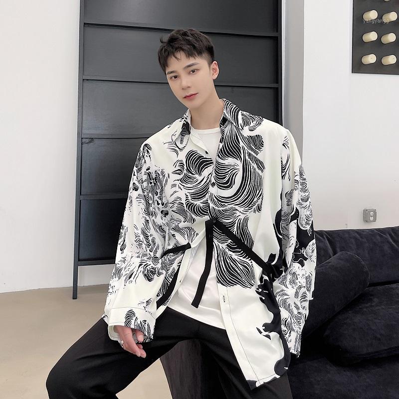 

Male Streetwear Hip Hop Party Dress Shirts Men Long Sleeve Vintage Print Loose Casual Shirt Stage Show Clothing Men's, 2354