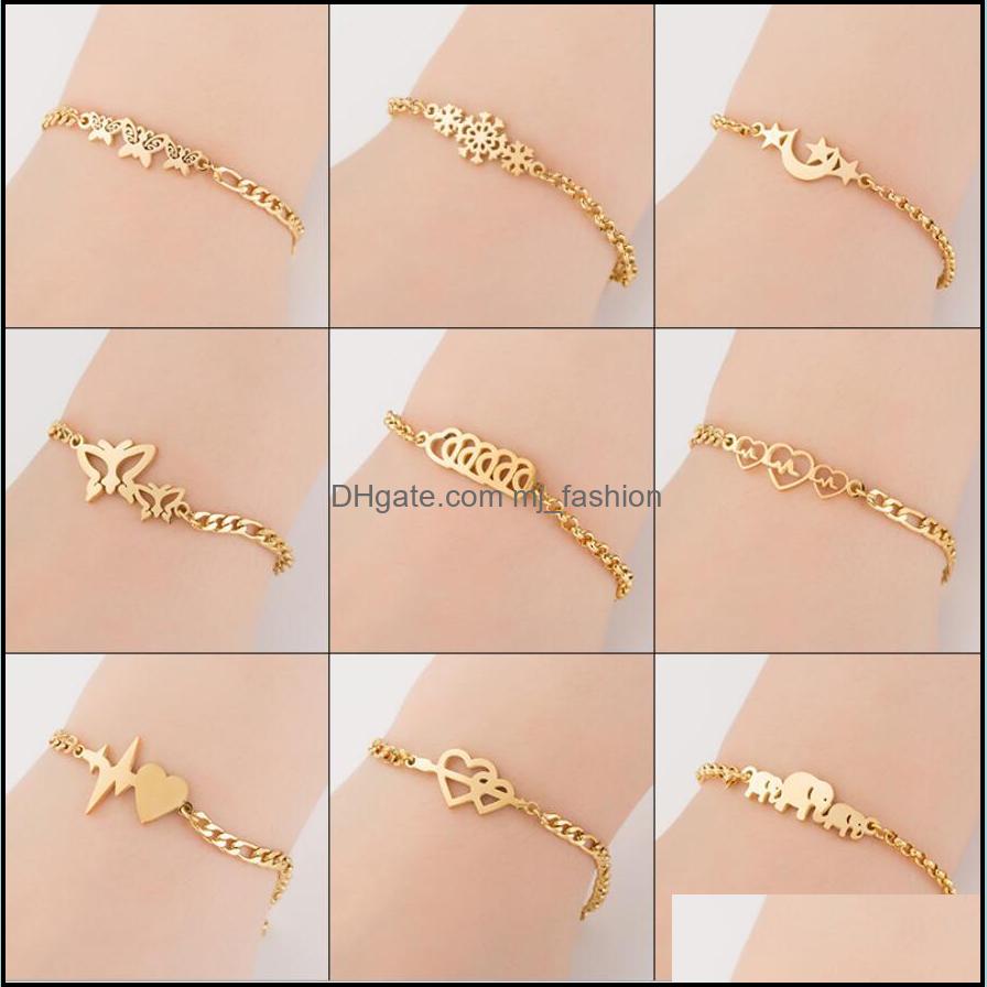 

Link Chain Bracelets Jewelry Stainless Steel Butterfly Heart Snowflakes Elephants Sun Moon Stars Charm Bracelet For Women Bff Drop Delivery