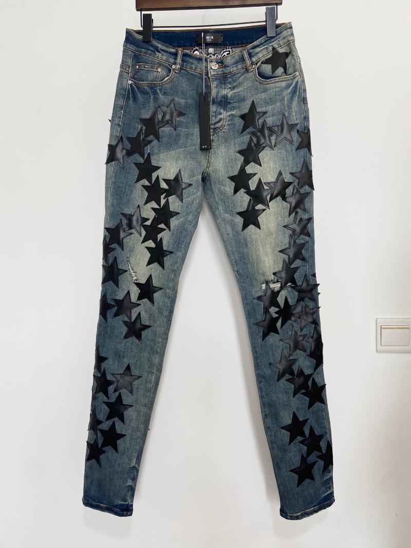 

Men's Jeans AMR Leather Star Patch Men Women HipHop Motorcycle High Street Denim TrousersMen's, Blue black