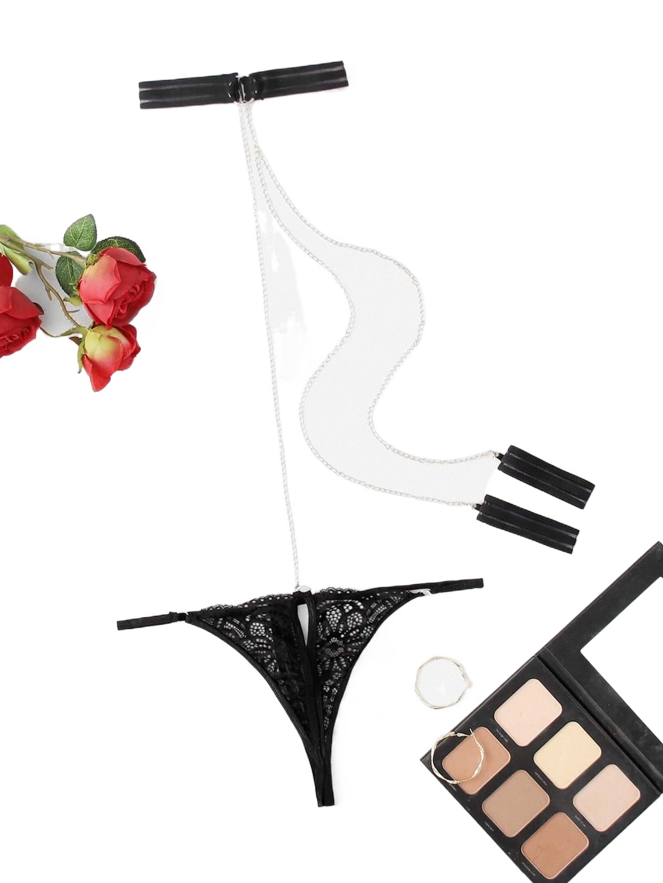 

2pack Lace Crotchless Thong With Choker W1L0#, Black
