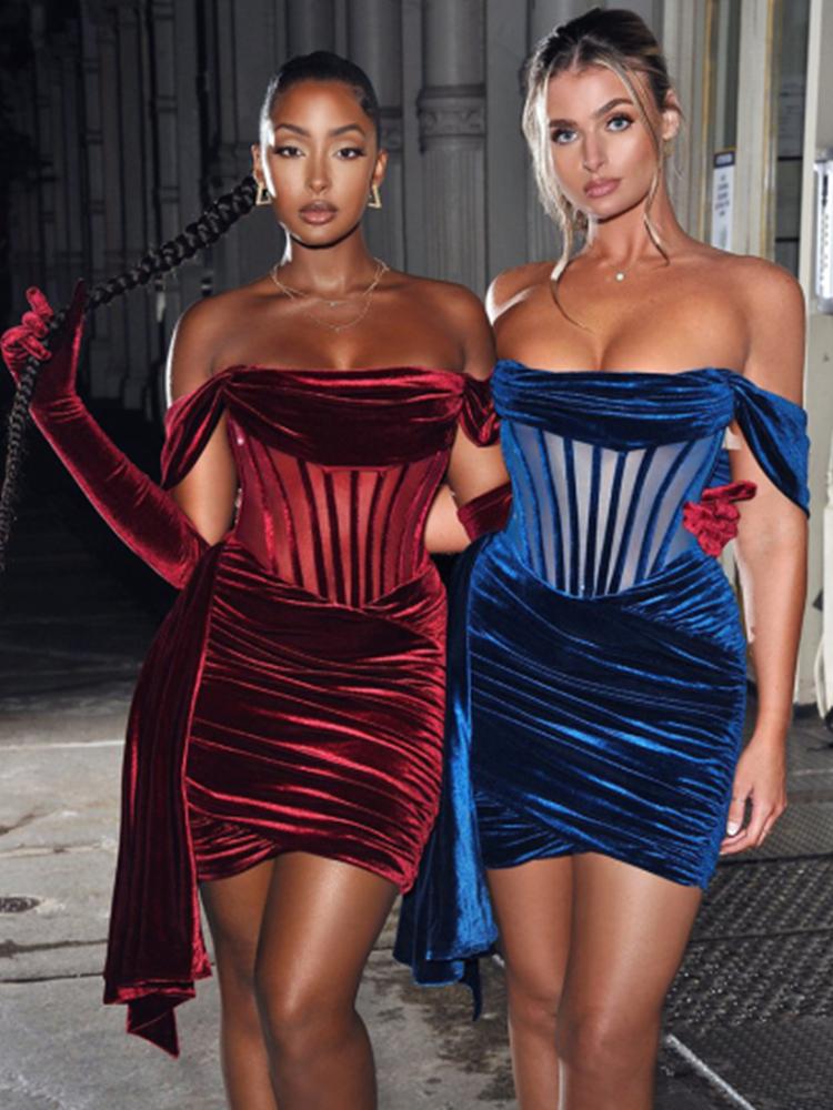 

Casual Dresses Burgundy Draping Off Shoulder Corset Dress 2022 Sexy Velvet Slim Bodycon Mini Women Short Sleeve Fashion Evening Club DresCas, Red has gloves