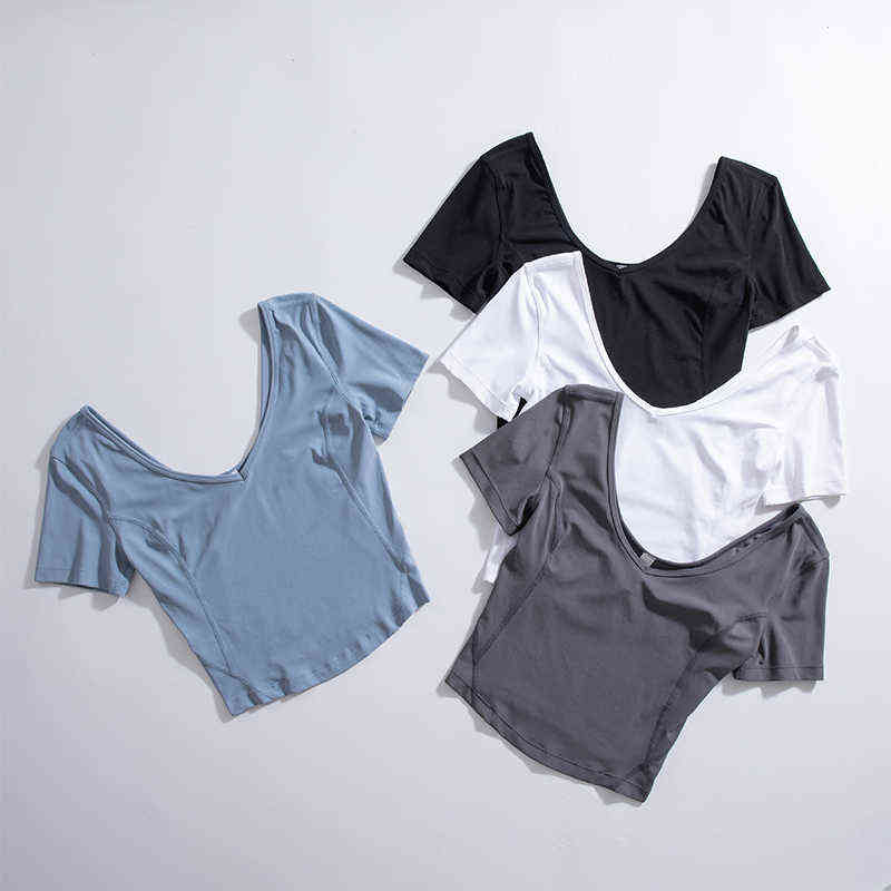 

Lu Women's Backless Top Workout Shirts Gym Clothes Woman Short Sleeve T-shirt for Fitness Yoga Clothing Ladies Sports, Light lotus grey