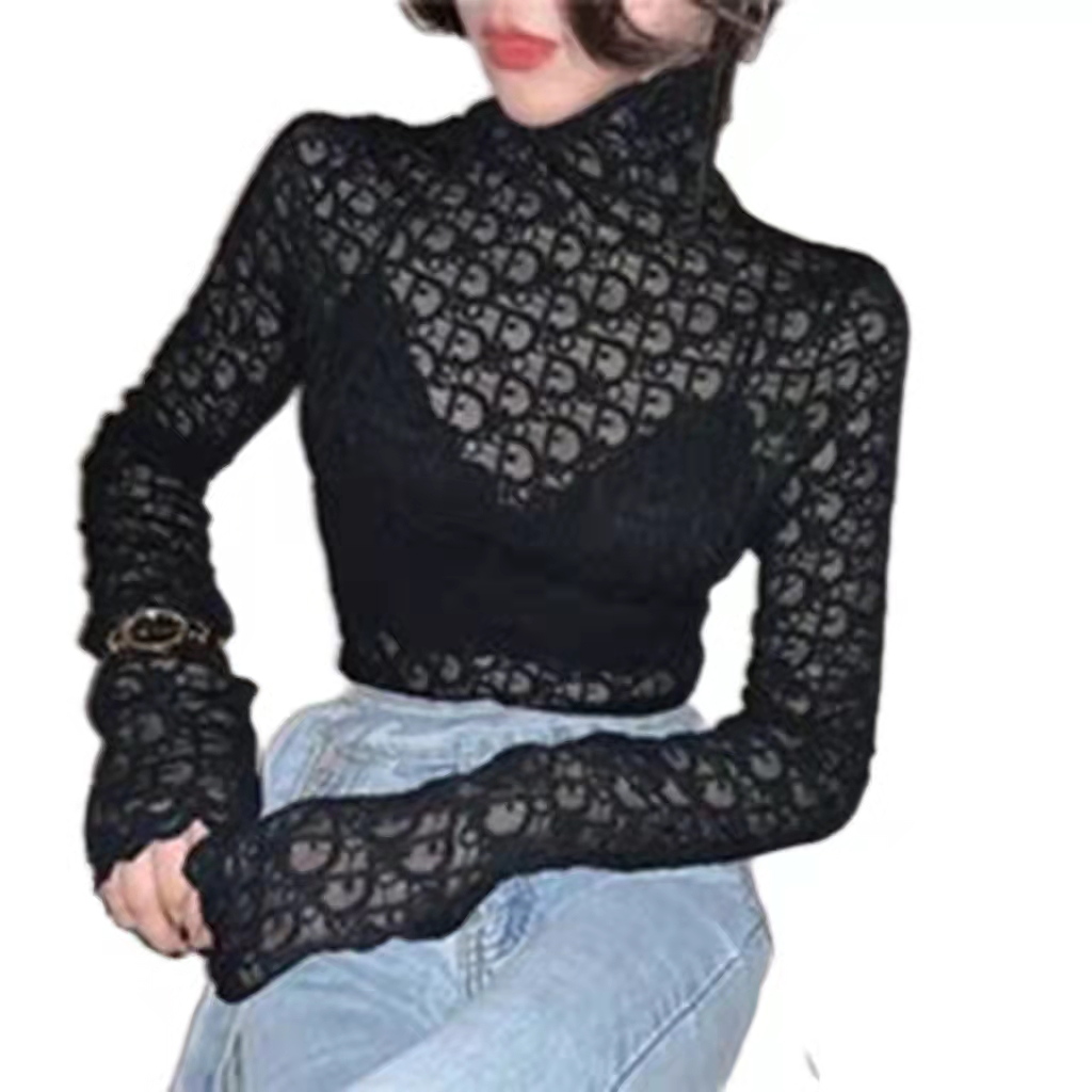 

2022ss Designer Women High Collar Cut-out Lace Top for Women's New Autumn and Winter with Long Sleeve T-shirt and Slim Fit Top.99, White