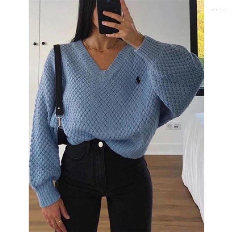 

Women' Sweaters Knitted Loose Women Sweater Solid Casual V Neck Long Sleeve Pullover 2022 Autumn Winter Embroidery Oversize Top Perf22, Blue