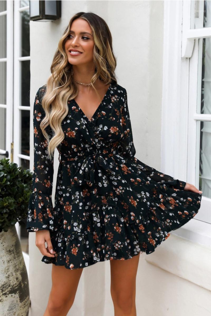 

Women Holiday Mini Sun Dress Frill Ladies Summer Beach Print Floral Long Sleeve Evening Short Sundress Casual Dresses, Black