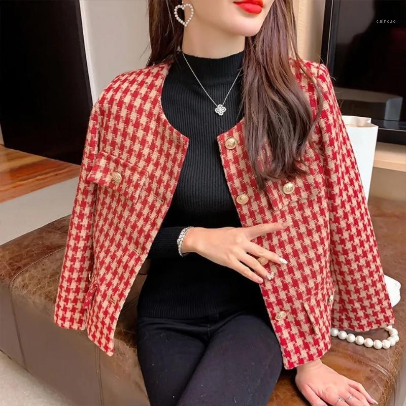 

Women's Jackets Vintage Houndstooth Cropped Tweed Jacket Women Small Fragrance Elegant Single Breasted Coat Office Lady Korean Fashion Outer, Black