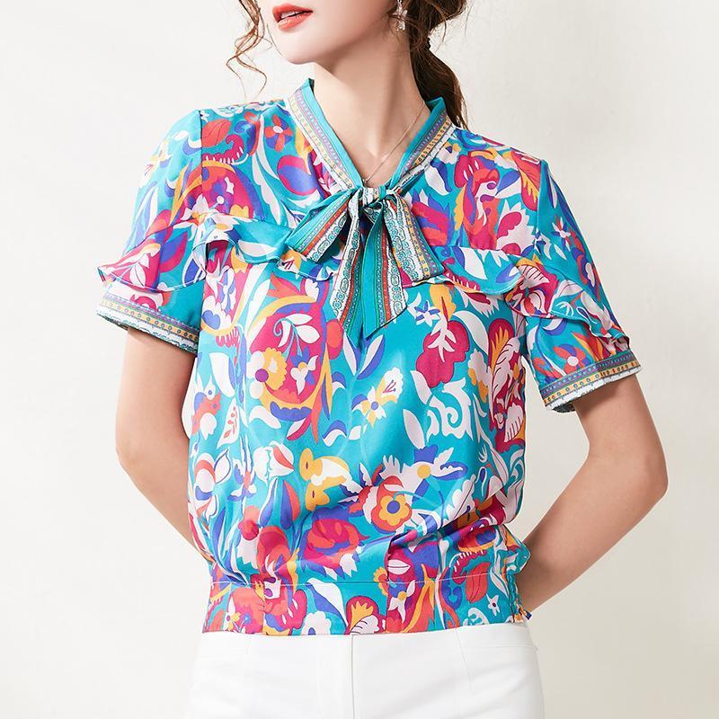 

Women's Blouses & Shirts Women Summer Korean Fashion Clothing Temperament Retro Print Bow Elegant, Blue