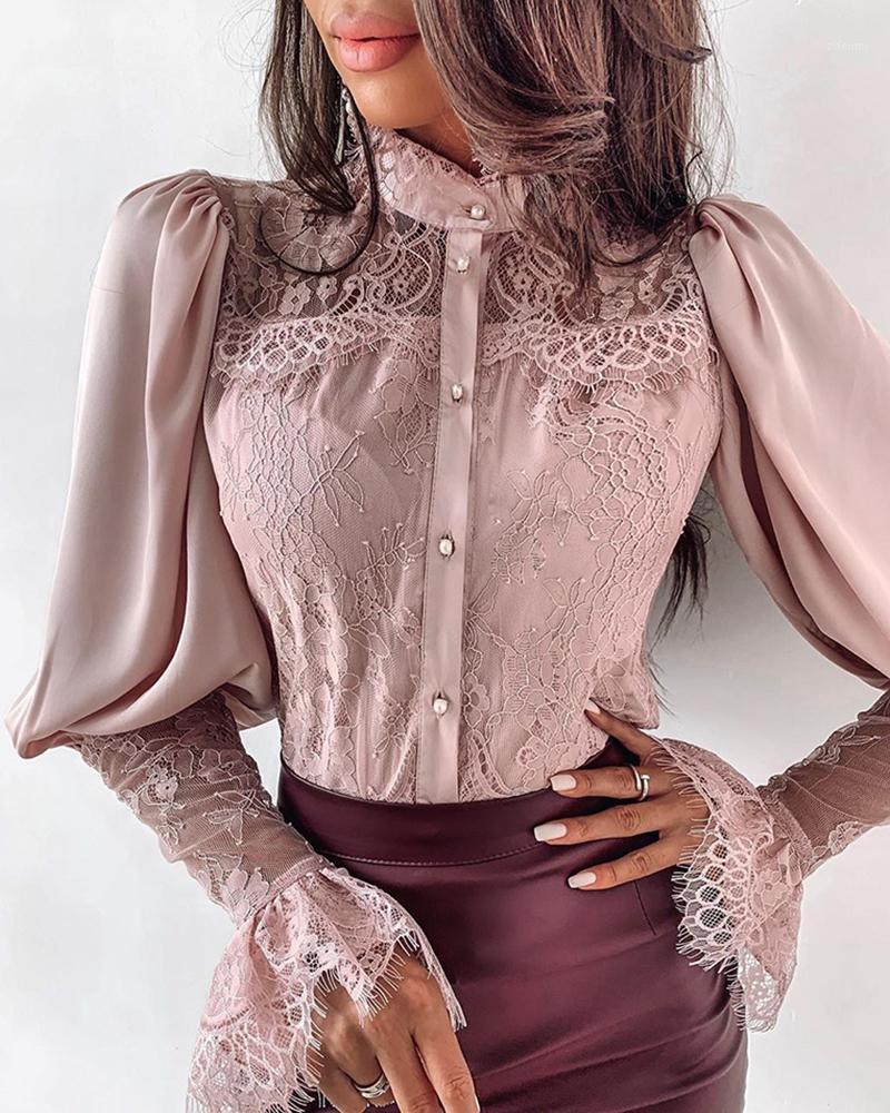 

Elegant Lace Patchwork Puff Sleeve Buttoned Blouse Long Autumn Winter Shirt Women's Blouses & Shirts, Yellow