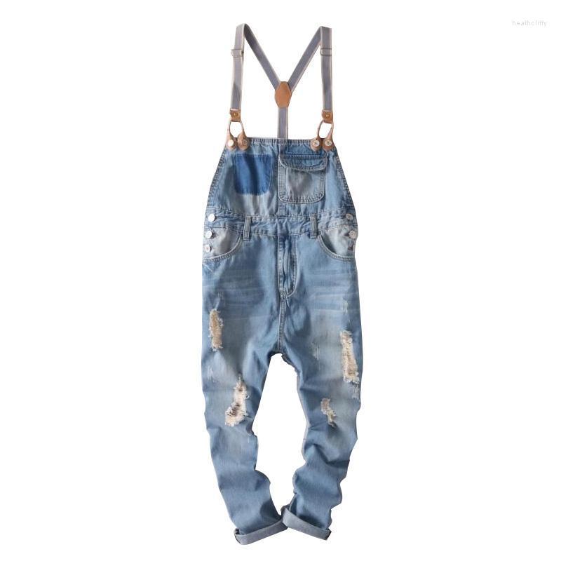 

Men' Jeans Hip Hop Streetwear Bib Pants Overall Jean Fashion Men Overalls Ripped For Male Denim JumpsuitMen' Heat22, Sky blue