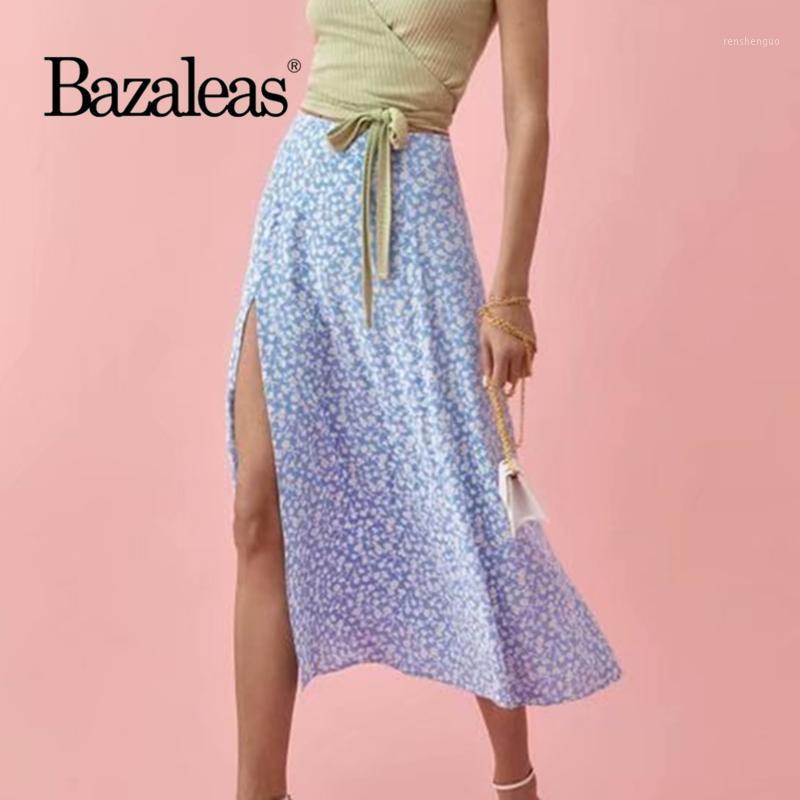 

Skirts 2022 High Waist Split Skirt Harajuku Womens Blue Floral Print Female Elegant, K159 blue n1203