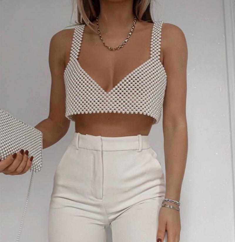 

Women's Tanks & Camis Women's Fashion Pearl Top Camisole Adults Solid Color Sleeveless Hollow-Out Bead Decoration Matching Vest Sling Cr