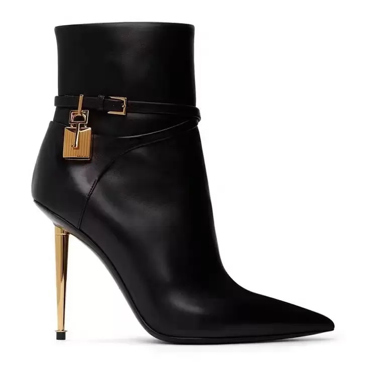 

new pattern Metal lock decoration Calf leather High heel boots side zip shoes pointed Toe stiletto heel booties Run way luxury designers shoe women factory footwear