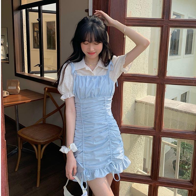 

Casual Dresses Fashionable Women' Bubble Short-sleeved Shirt Waist Ruffled Bag Hip Sling Dress Two-piece For Women Party