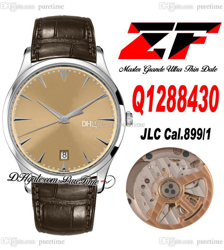 

ZF Master Grande Ultra Thin Date Q1288430 A899/1 Automatic Mens Watch Steel Case Champagne Dial Stick Markers Brown Leather Strap Super Edition Puretime C3, 4d05a