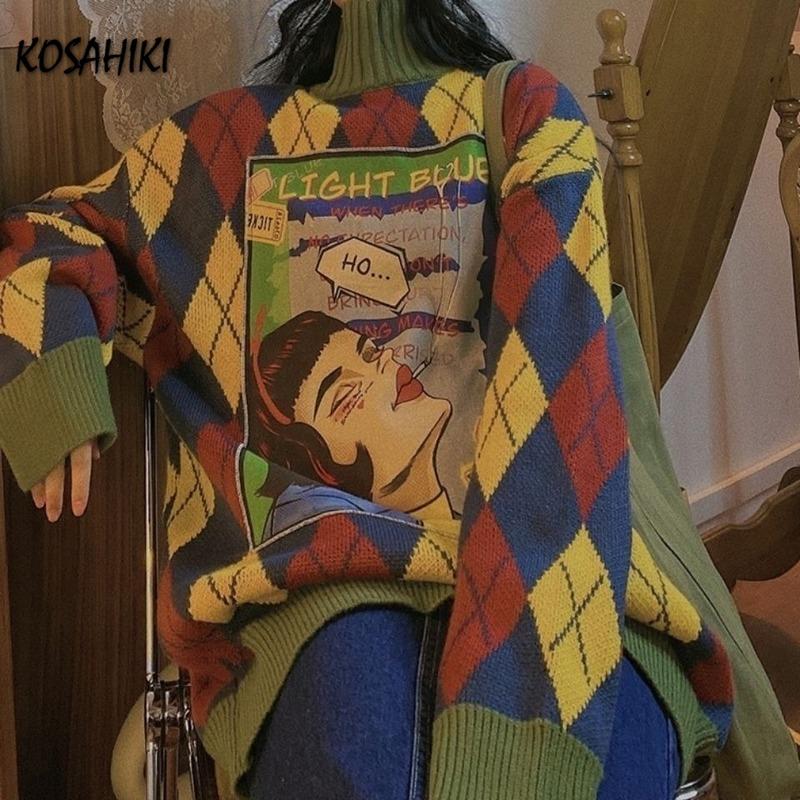 

Women's Sweaters KOSAHIKI Harajuku Loose Turtleneck Pullovers Vintage Retro Japanese Fashion Fall 2022 Women Casual Streetwear Sweater 11a01, White;black
