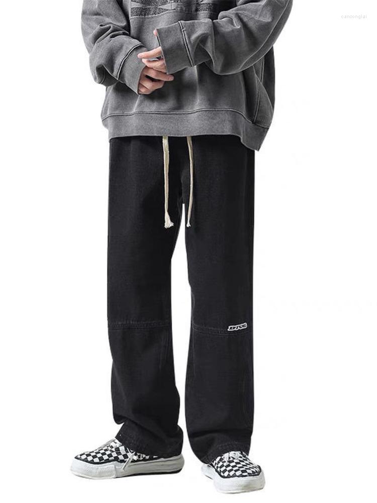 

Men' Jeans Vintage Denim Men Mid Waist Streetwear Patchwork Designer Autumn Spring Fashion Washed Drawstring Oversize Loose TrousersMen, Black
