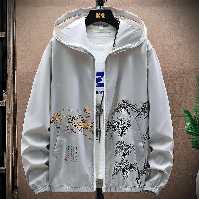

Men's Jackets Summer Hong Kong Style Hooded Color Print Versatile Sunscreen Coat Men's Fashion Jacket Thin Male M-3XL F06Men's, White