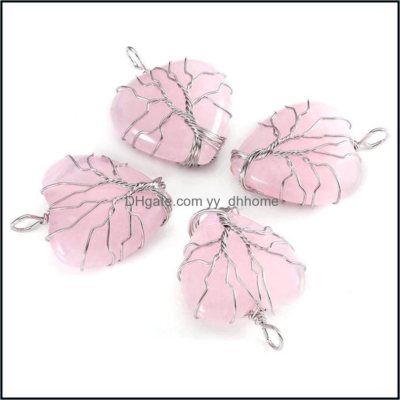 

Charms Jewelry Findings Components Sier Gold Wire Wrapped Natural Stone Heart Tree Of Life Pendant Healing Chakra Crystal Amethyst Rose Qu