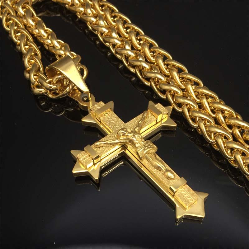 Pendant Necklaces Top Quality Crucifix Cross Necklace Gold Color Stainless Steel Wheat Chain For Men Jewelry Jesus PiecePendant
