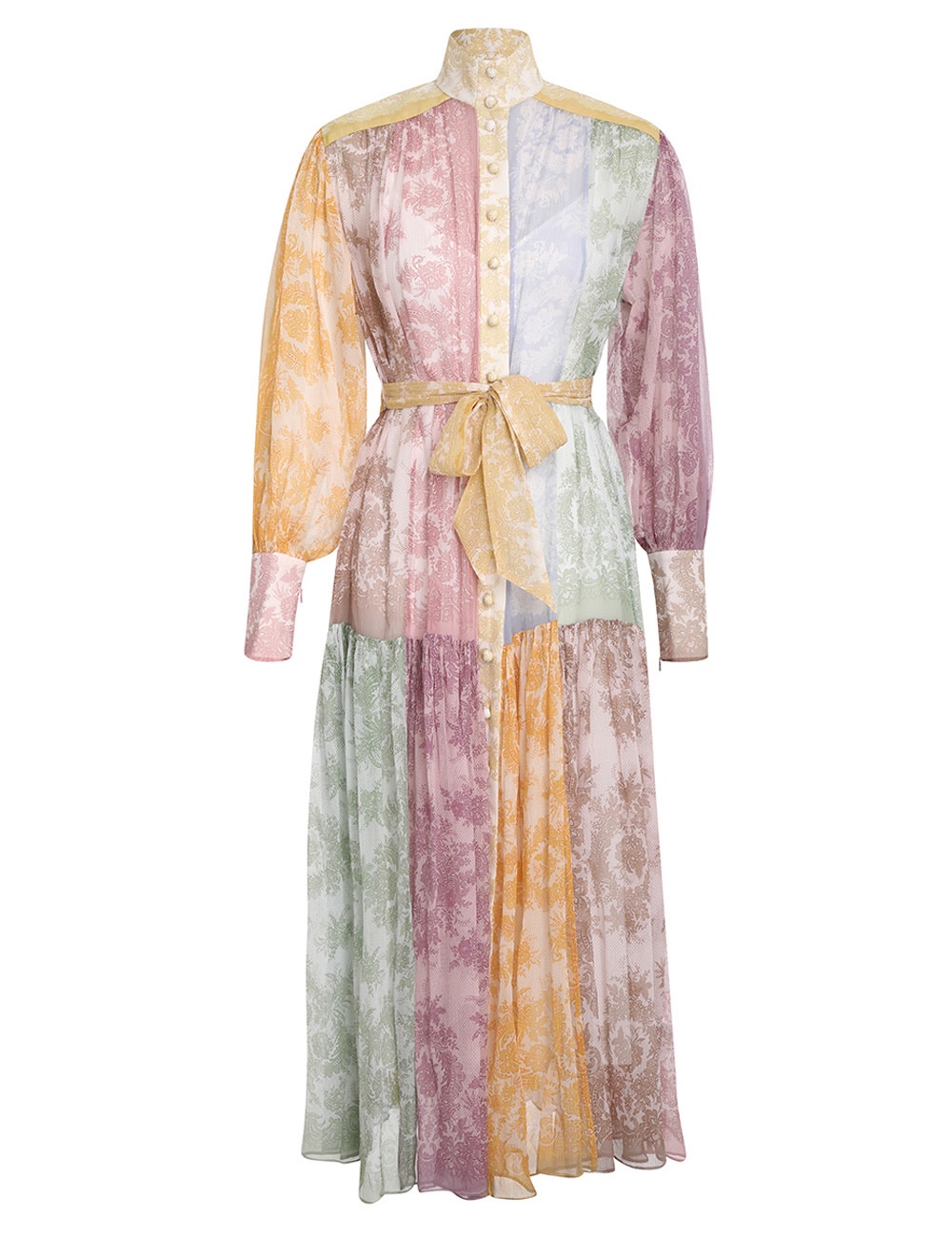 

European fashion brand silk fabric Lantern Sleeve stand collar dress, Multi