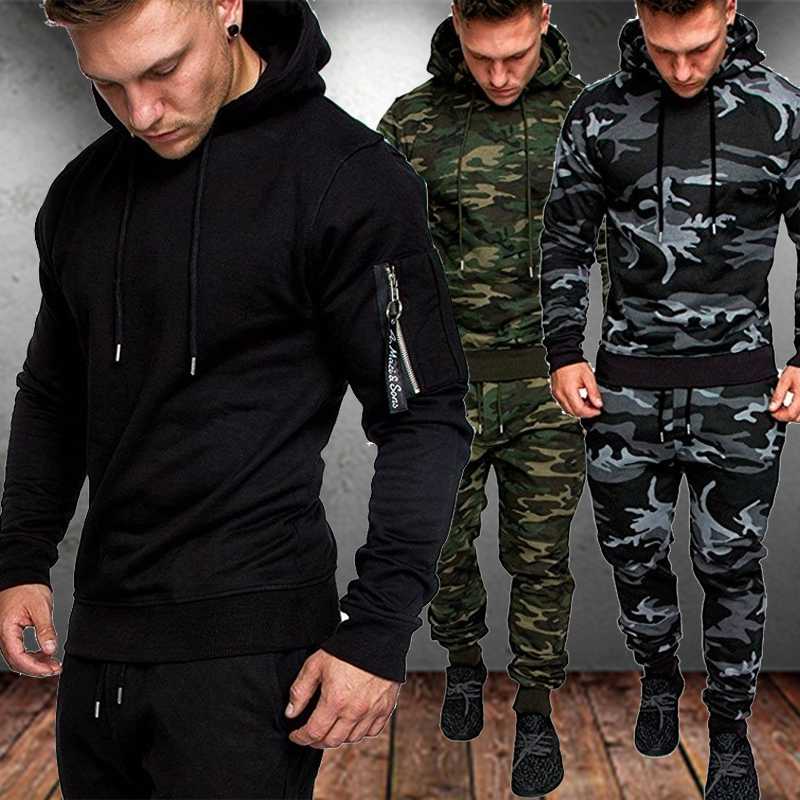 

Men' Tracksuits Men Camouflage Hoodie Set Long Sleeve Pullover Pants Suits Casual Jacket Sportsuits Tracksuit MenMen, Gray