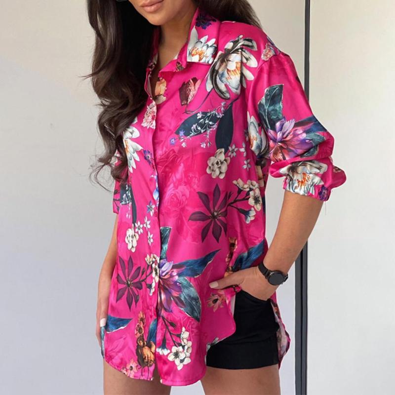 

Women' Blouses & Shirts Casual Women Shirt Single-breasted Turn-down Collar Floral Print Autumn Fashion Woman 2022 For Daily Wear Blusas, Blue
