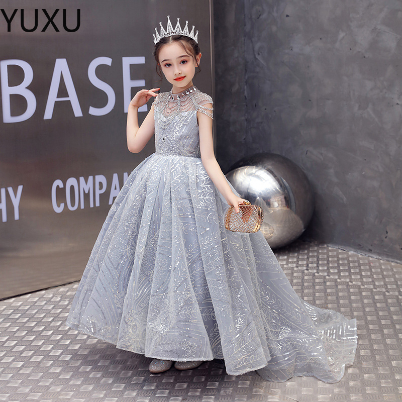 2022 New Arrival Flower Girls Dresses Long Train with Pearls Beads First Communion Dresses high Neck Lace Ball Gown Girls Pageant Gowns