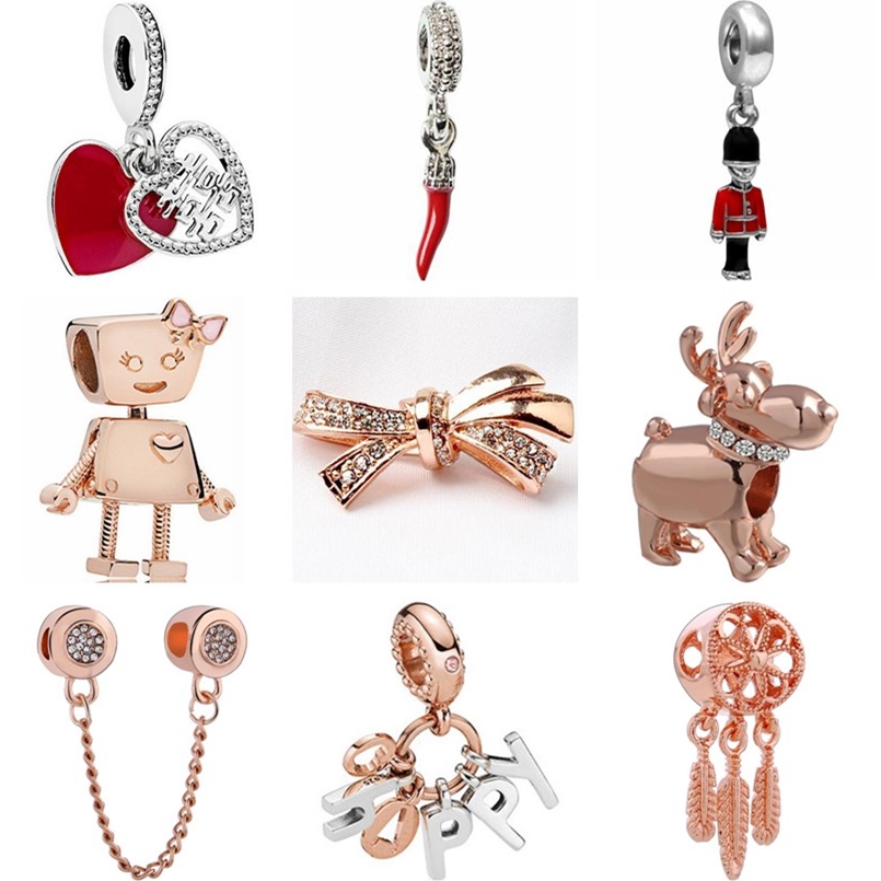 

925 Sterling Silver Dangle Charm Btuamb High Quality Crystal Enamel Bow Heart Chili Key Snails Doll Lips Bead Fit Pandora Charms Bracelet DIY Jewelry Accessories